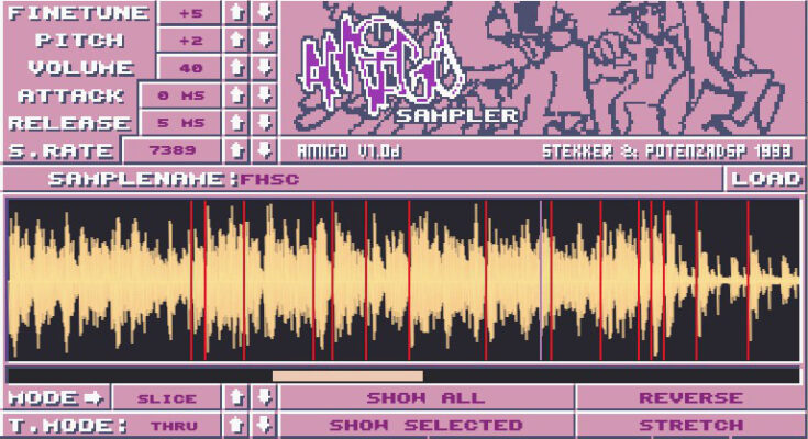 An 8-bit Amiga-style sampler plugin with real-time time-stretching and slicing mode, created in collaboration with Stekker. ✔️ Features » Amigo Sampler downclocks .wav, .mp3 and .aiff files when loaded to 22khz and 8 bit commodore amiga frequencies for authentic crunch! It even loads samples in .iff, .8svx .raw amiga formats for everyone